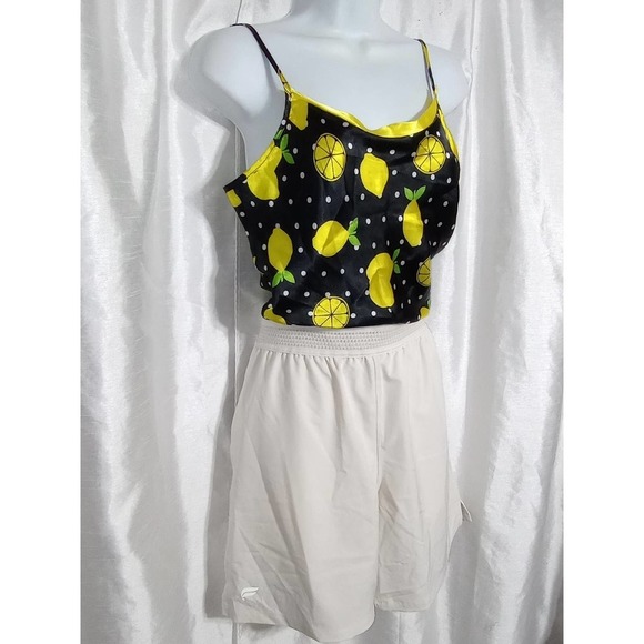 LEMON fruit satin tank top camisole summer BLOUSE black yellow polka dots - Picture 1 of 5